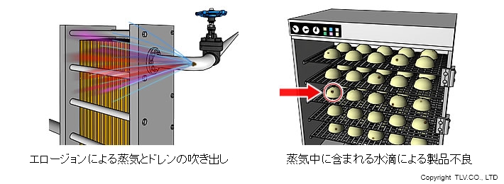 蒸気配管中の水滴によって引き起こされるトラブル事例