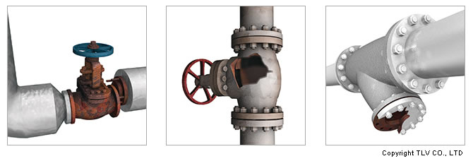 Example of piping damaged by water hammer