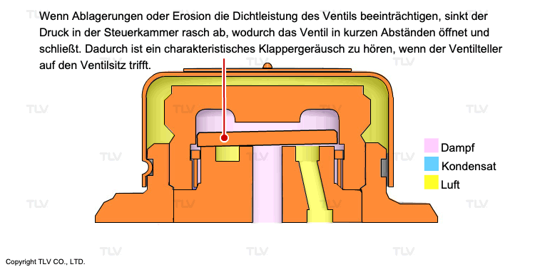 Beispiel eines klappernden thermodynamischen Kondensatableiters (Leckagegeräusch relativ leicht zu identifizieren)