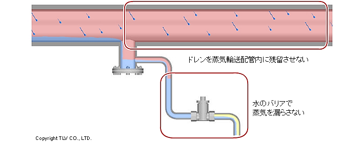 ドレンを滞留させて蒸気の吹き抜けを防ぐ